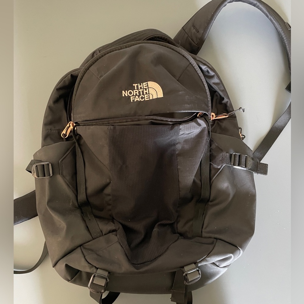 Black North Face Recon Backpack With Rose Gold Accents